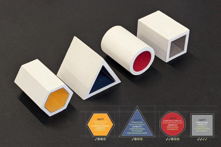 The image shows four geometric models—hexagon, triangle, circle, and square—with white exteriors and colored interiors (orange, blue, red, grey) on a dark surface. Icons and text blocks below match each shape's interior color and attributes.