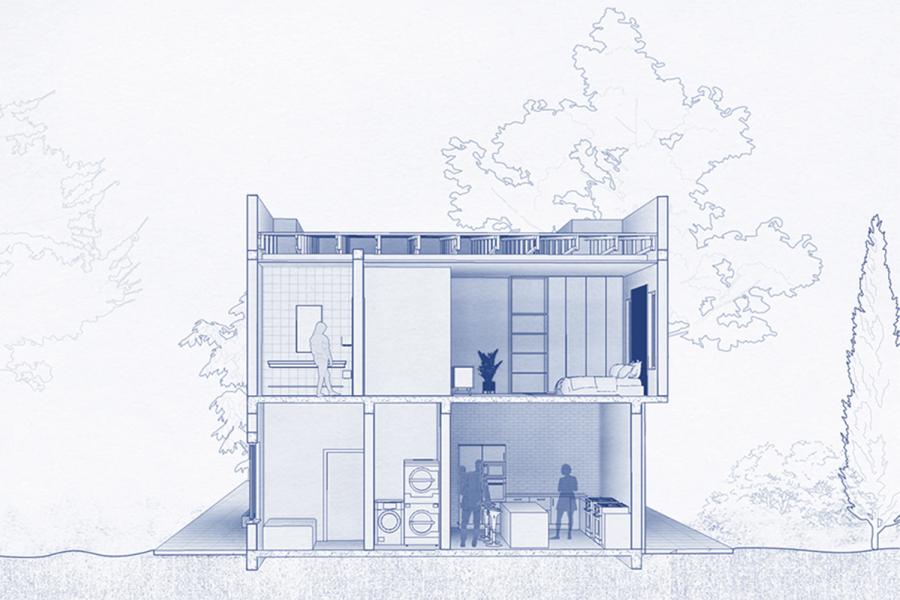 The architectural cross-section shows the interior layout of a two-story house, with a bathroom and bedroom on the upper floor and a laundry room and kitchen on the lower floor. The scene includes figures interacting and an outdoor environment with trees.