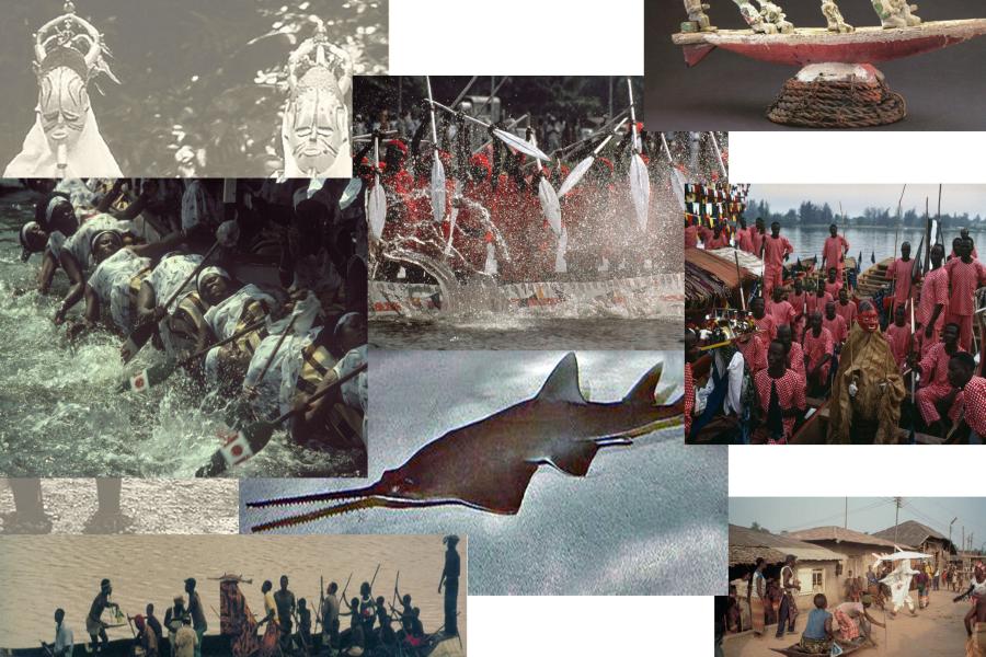 The collage captures cultural and aquatic scenes, including rituals, boat races, traditional artifacts, and lively village life. Highlights include masked figures, ceremonial canoes, and a sawfish in a tranquil aquatic setting.