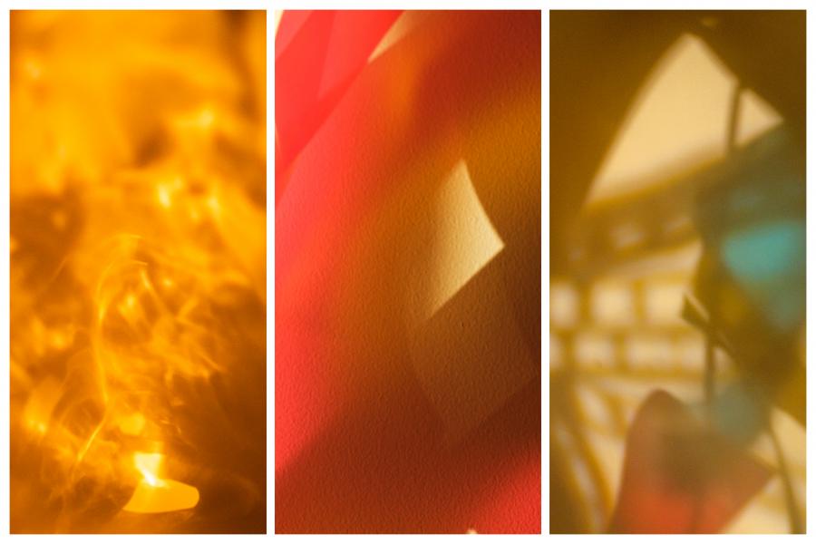 The image showcases three vertical panels: swirling yellow light on the left, a red-orange gradient with a geometric shape in the middle, and blurred yellow, blue, and red reflections on the right. The composition emphasizes vibrant colors and abstract forms.