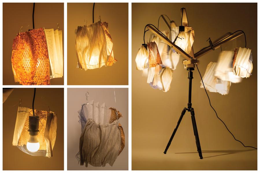 The image displays four photos of a rotating lamp with textured, multi-faceted shades that adjust light direction, creating a warm glow. The lamp is mounted on a black tripod stand with adjustable arms and visible cables.