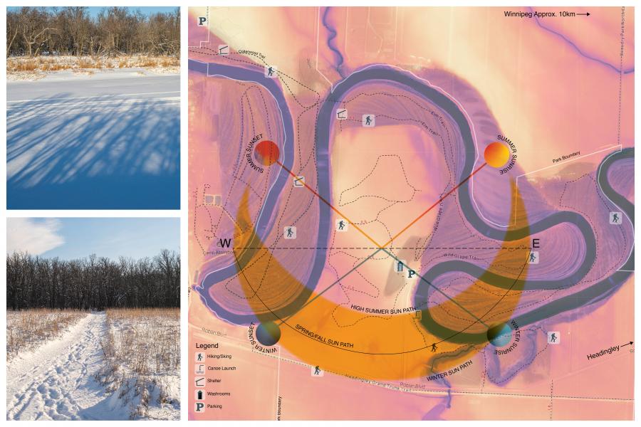 The image features a snowy landscape with bare trees, a snow-covered path, and a colorized map of a park showing sun paths, trails, and facilities. It highlights Winnipeg's location about 10 km from the park.