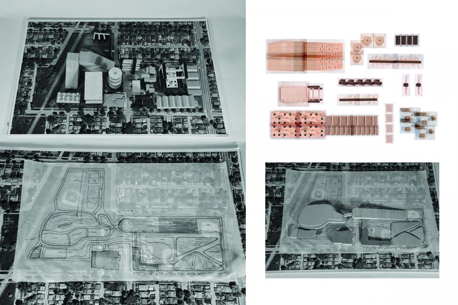 The image features an aerial view of an architectural model, a topographical map, and wooden model pieces. It showcases diverse buildings, landscape features, and geometric patterns.