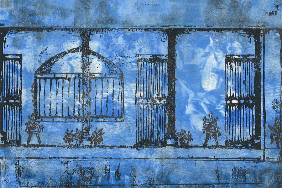 The image shows a wrought iron structure with three arches, a central dome, and vertical bars. Potted plants line the base, set against a textured blue background for depth.