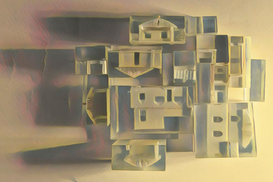 The image shows a minimalist cityscape of stacked beige, grey, and cream blocks with textured details. A gradient background and varied block heights add depth and dimension.