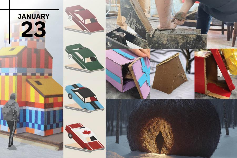 Collage featuring a vibrant block tower, sled models, crafting scenes, and a person entering a glowing nest structure in the snow.