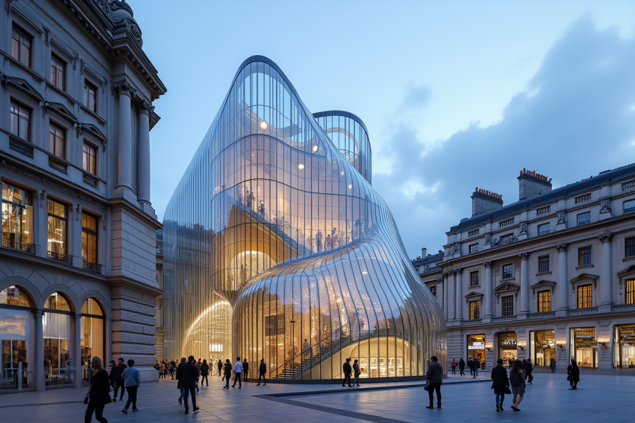 A modern, multi-level glass building with a curved facade in an urban setting during the evening.
