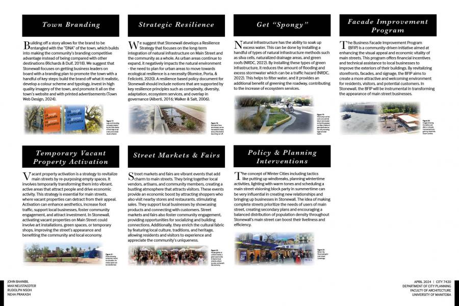 A structured layout detailing community development strategies for Stonewall, with headings and images.