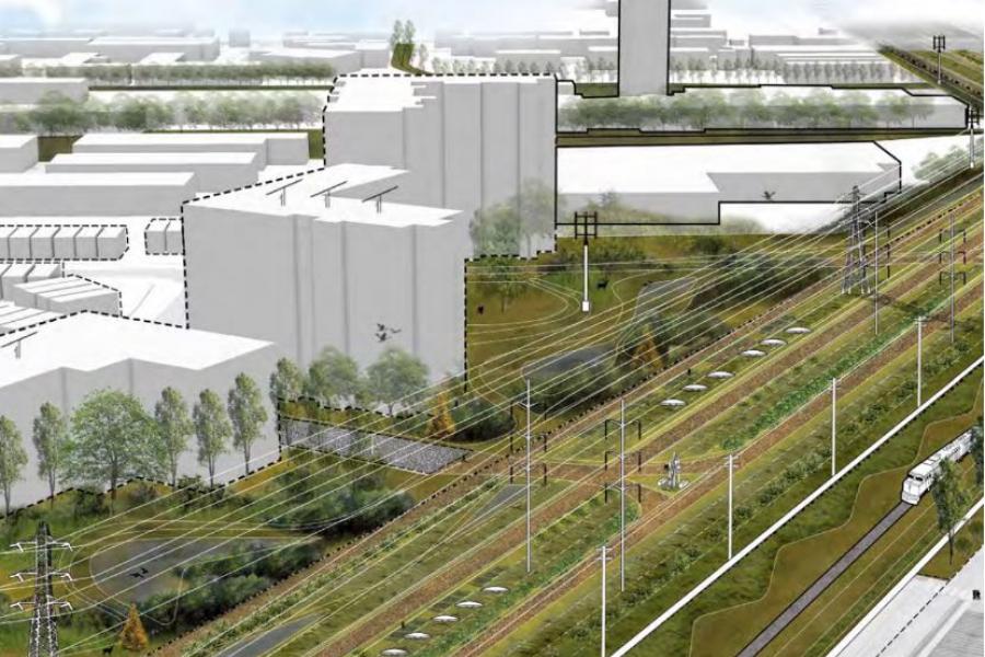 Aerial view of a cityscape with train tracks and lush greenery. Tall, white buildings are in the background, conveying an urban and sustainable vibe.