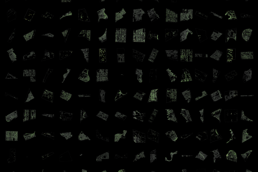 Abstract artwork with numerous fragmented, textured pieces in a grid pattern on a black background. The pieces have varied shapes and subtle, greenish tones.