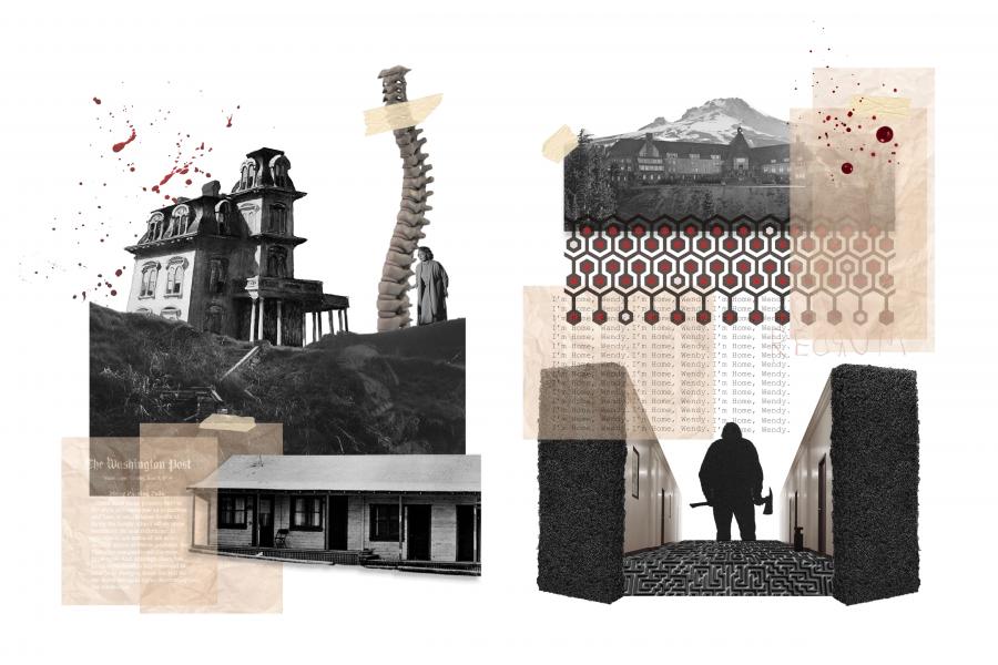 Collage of eerie elements including a haunted house, a spine, splattered blood, geometric patterns, and a shadowy figure with an axe, evoking mystery.