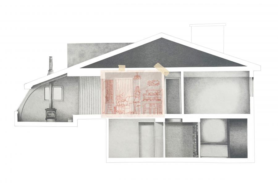 Cross-section drawing of a house showing a cozy living room with a wood stove, detailed in red, taped on. The overall tone is warm and inviting.