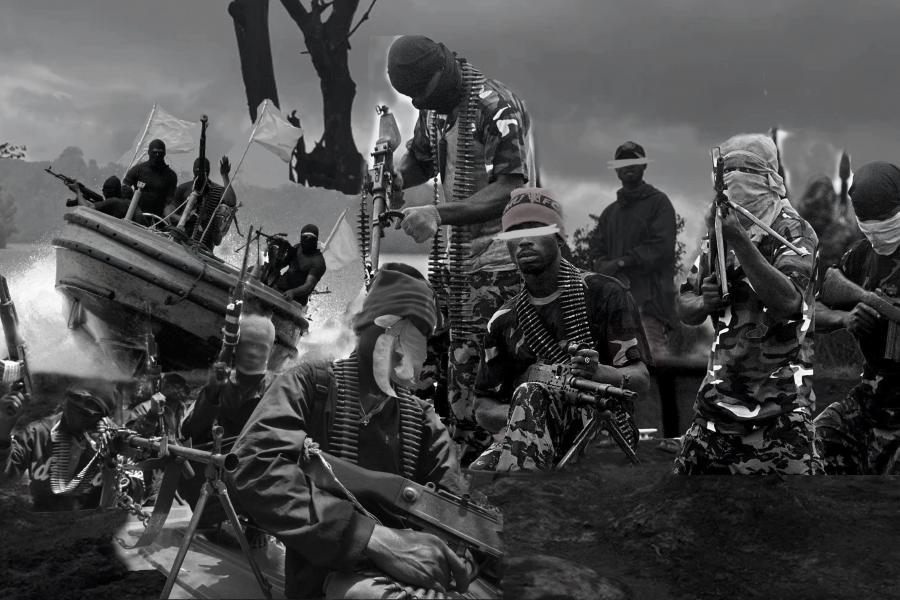 Masked militants in camouflage, armed with rifles, pose amid a stormy backdrop. A boat with armed men in masks and waving flags is seen on rough waters.