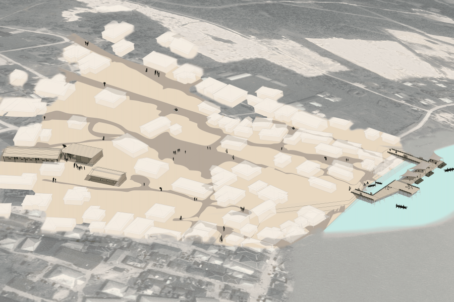 Aerial view of a conceptual village layout with beige buildings, pathways, and a dock extending into blue water. Figures and boats convey activity and community.