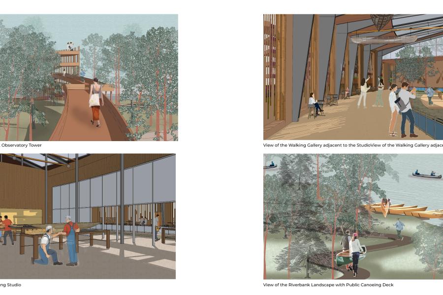 A collage shows a forest observatory, walking gallery, canoe crafting studio, and riverbank. People interact, enjoying nature and creative spaces.