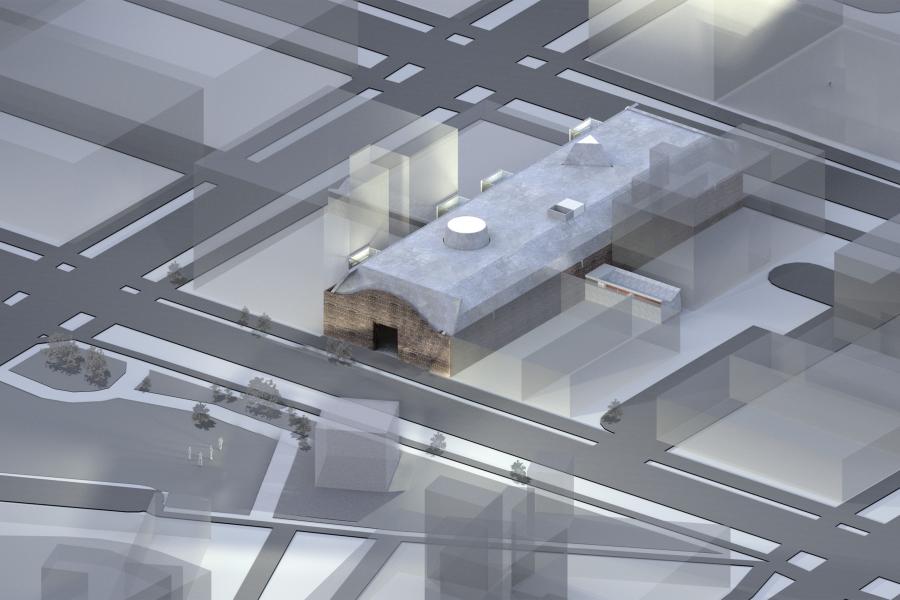 Aerial view of an industrial building with a curved roof and a circular dome, surrounded by abstract, translucent block structures, and tree-lined streets.