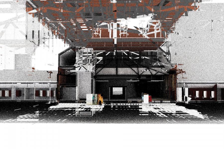 Abstract industrial scene with a fragmented, grayscale structure. Overhead beams and geometric shapes create a complex, chaotic composition.