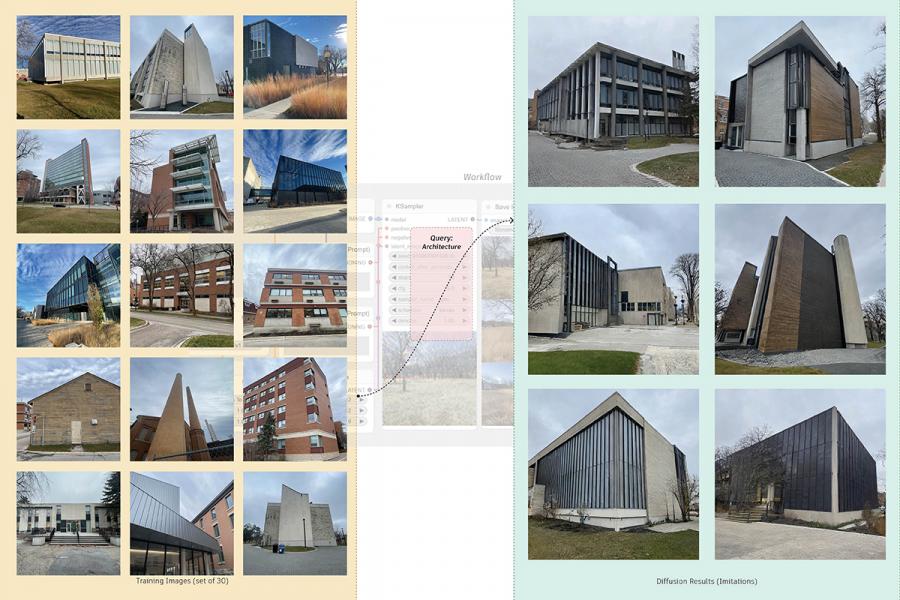 Collage of architectural photos, with left side showing 15 varied building styles labeled "Training Images," and right side showing 6 labeled "Diffusion Results."