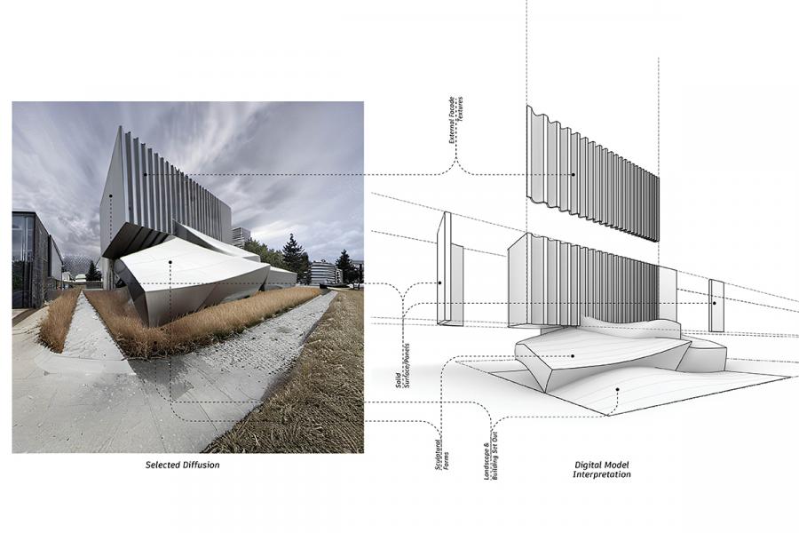 Modern building with vertical fins and angular forms next to a digital model. Both feature geometric lines. The scene is dynamic and futuristic.