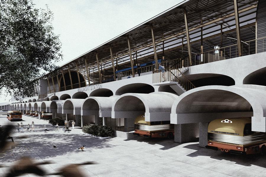 Modern train station with arched concrete structures, parked buses, and people walking. Trees cast shadows, creating a serene, urban atmosphere.