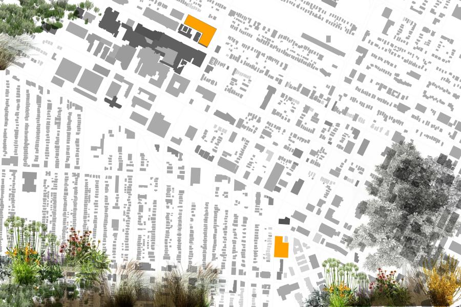 Abstract city map in grayscale with two orange-highlighted areas denoting key locations. Lush greenery at the bottom adds a vibrant contrast.