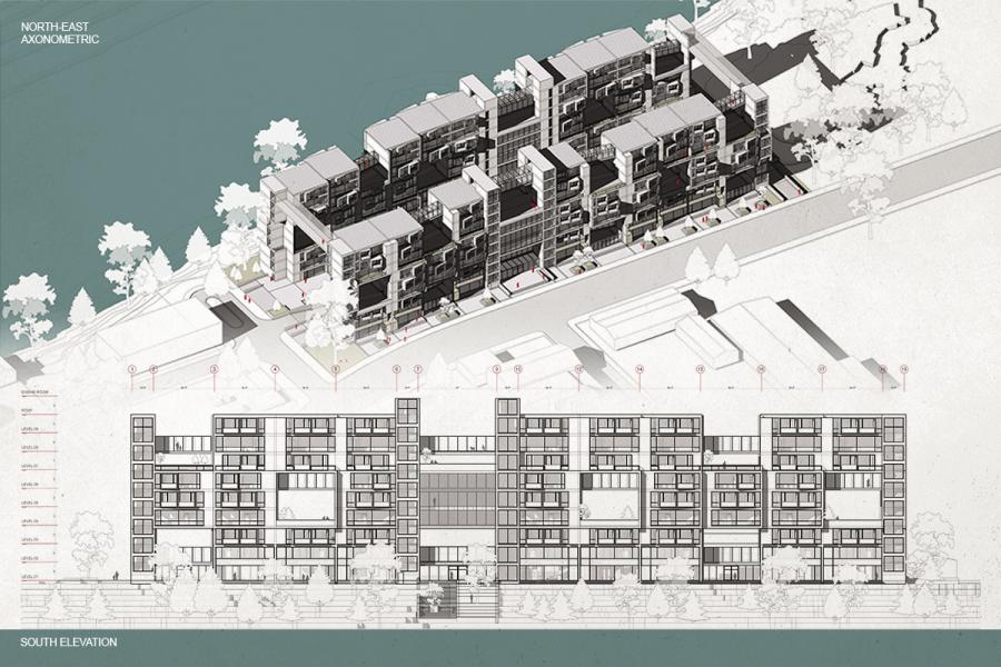 Axonometric and elevation drawings show a modern, multi-story building. The design features geometric shapes and greenery, conveying an urban, innovative feel.
