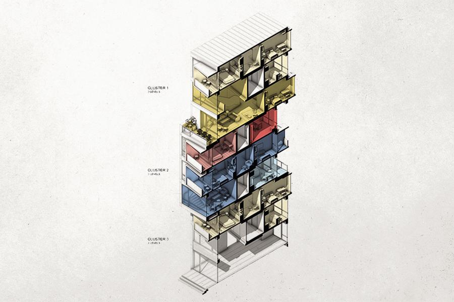 Isometric architectural diagram of a building with three distinct clusters: yellow at the top, red in the middle, and blue at the bottom. Each cluster shows furnished interiors.