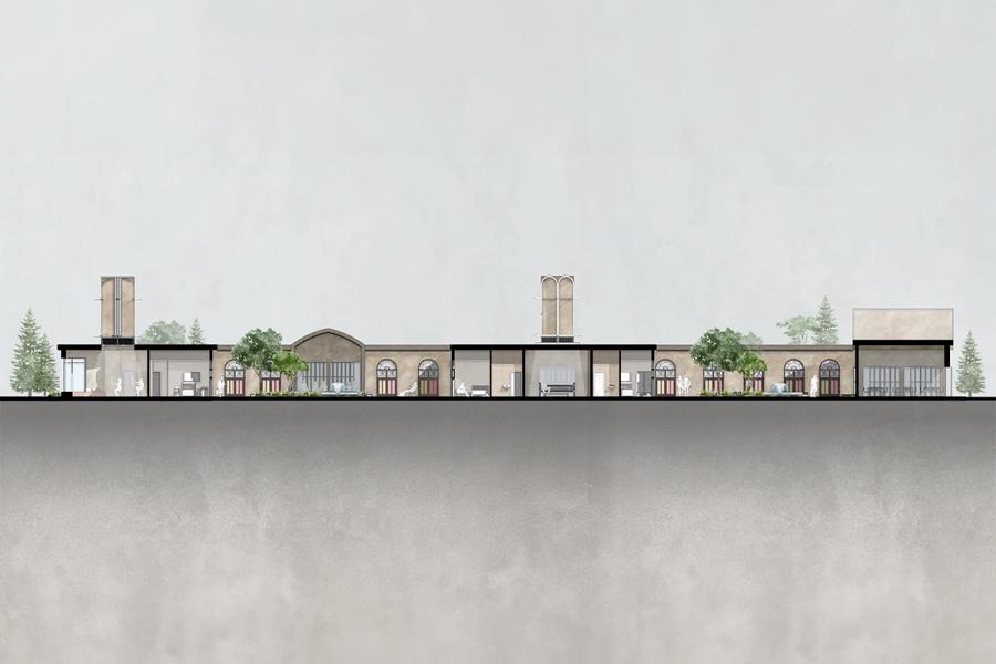 Architectural rendering of a one-story building facade with arched windows, light gray walls, and greenery. The scene has a calm, modern feel.