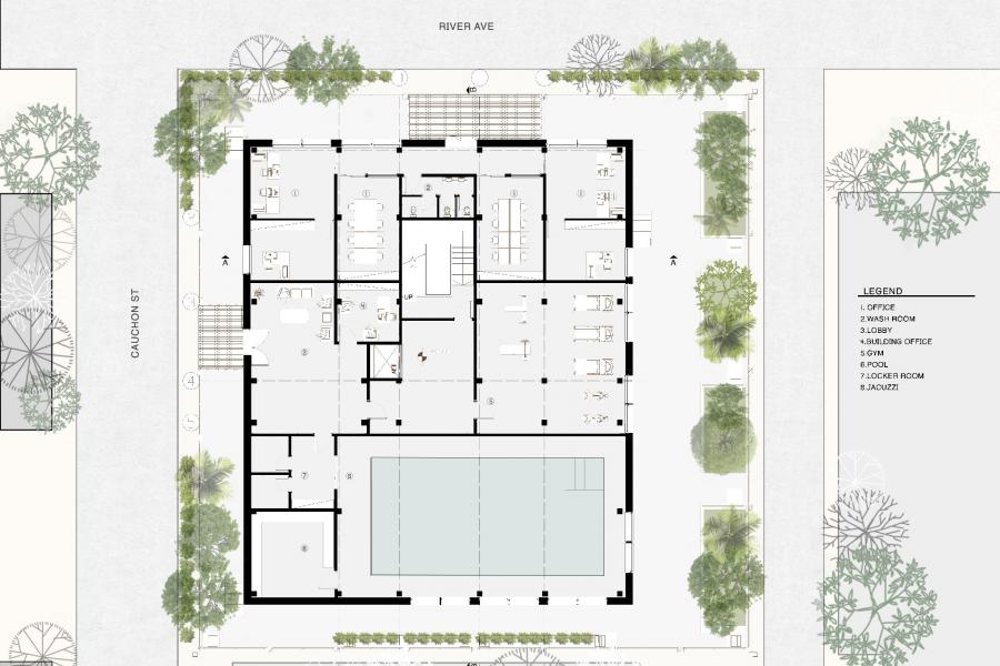 Floor plan shows a building layout with labeled rooms: offices, washrooms, lobby, swimming pool, and jacuzzi. Surrounding trees add greenery.