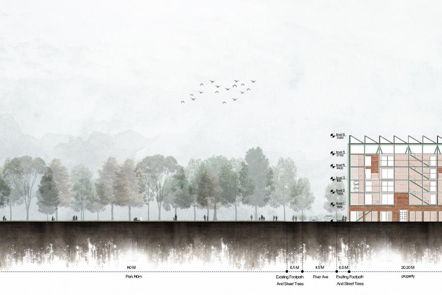Architectural elevation showing a building with multiple levels, trees lining a river, and silhouettes of people walking. Birds fly in a cloudy sky. Calm tone.