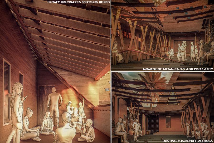 Three images depict modern community spaces with wooden interiors and slanted roofs. People are gathered in relaxed poses, fostering a sense of connection.