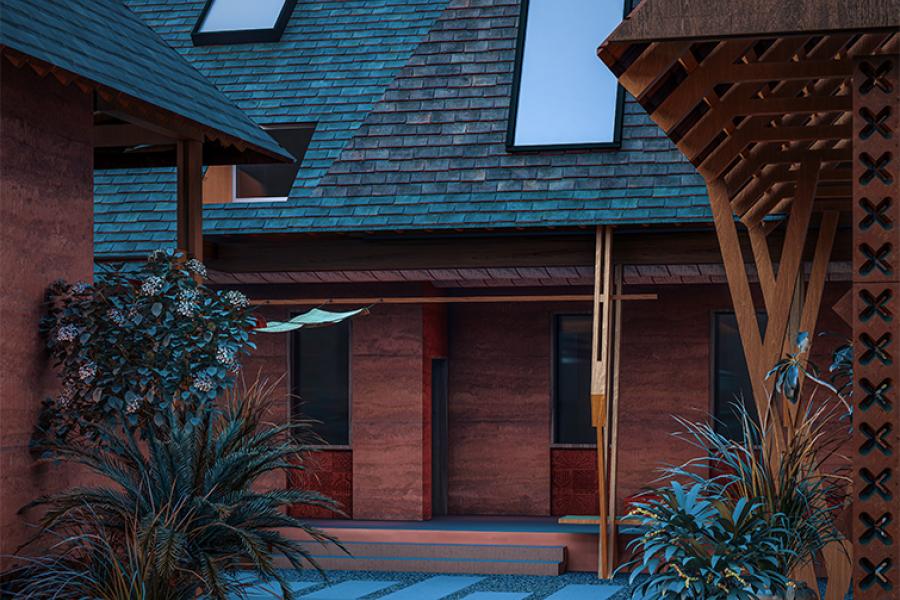 A modern architectural scene features angular roofs with skylights, terracotta walls, and lush plants. The mood is serene with a focus on natural materials.