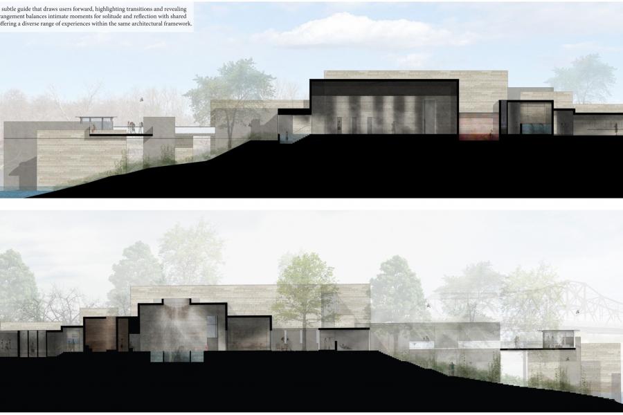 Cross-section architectural drawings of a modern building by a river. Natural light and open spaces contrast with solid structures, surrounded by trees.