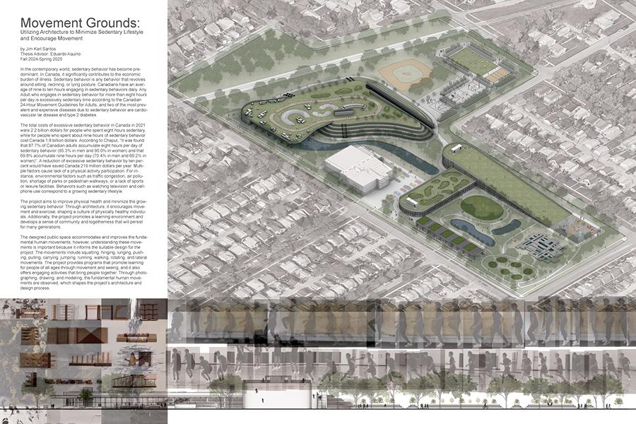 Aerial view of an architectural concept showing a green-roofed building with winding paths.
