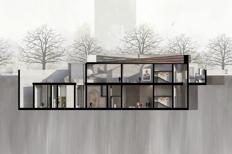 Cross-section of a modern, multi-level building interior showcasing artwork, with silhouetted people, open spaces, and large windows. Leafless trees outside.