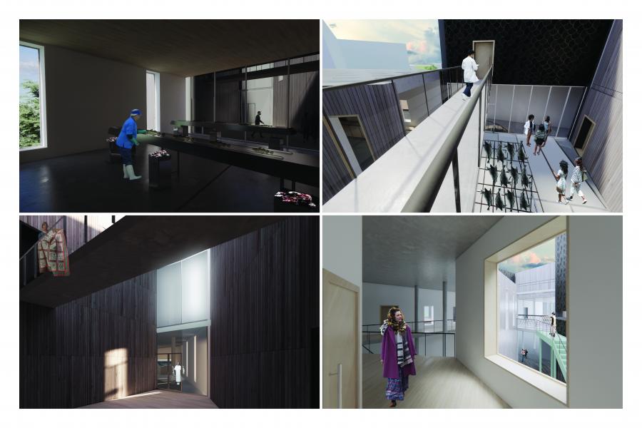 Collage of four architectural renderings: a lab worker in a dim room, people walking around a modern terrace, a person on stairs holding fabric, and a woman in a bright hallway.
