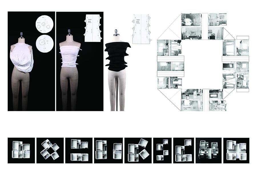 Mannequins display white and black draped garments on the left, with pattern diagrams above. 