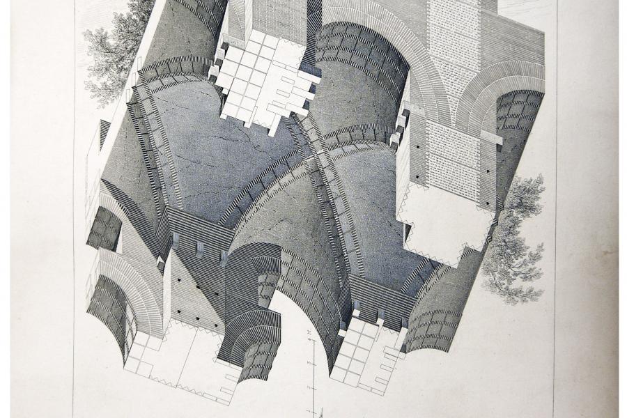 Architectural drawing of the Palatine Hill, displayed in a tilted perspective. Detailed arches and cross-sections evoke a sense of historical grandeur.