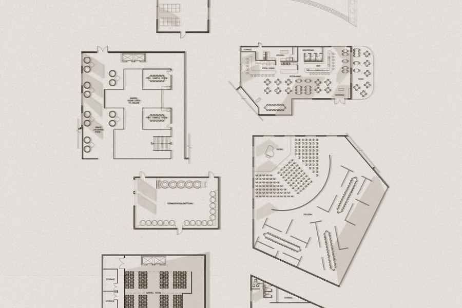 Floor plan with multiple rooms, labeled for various functions like conference, storage, and seating areas. Clean lines and neutral tones convey a professional layout.