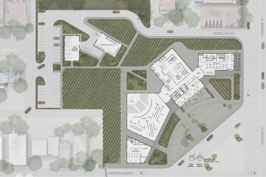 Site plan showing a building with labeled sections, including theater and fermentation areas, surrounded by parking and green spaces with neat pathways.