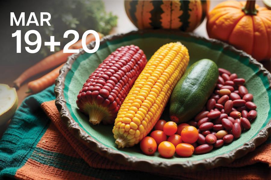 A rustic plate displays a vibrant harvest: red and yellow corn, zucchini, cherry tomatoes, and beans. Surrounding are pumpkins, carrots, lemon, and greens.