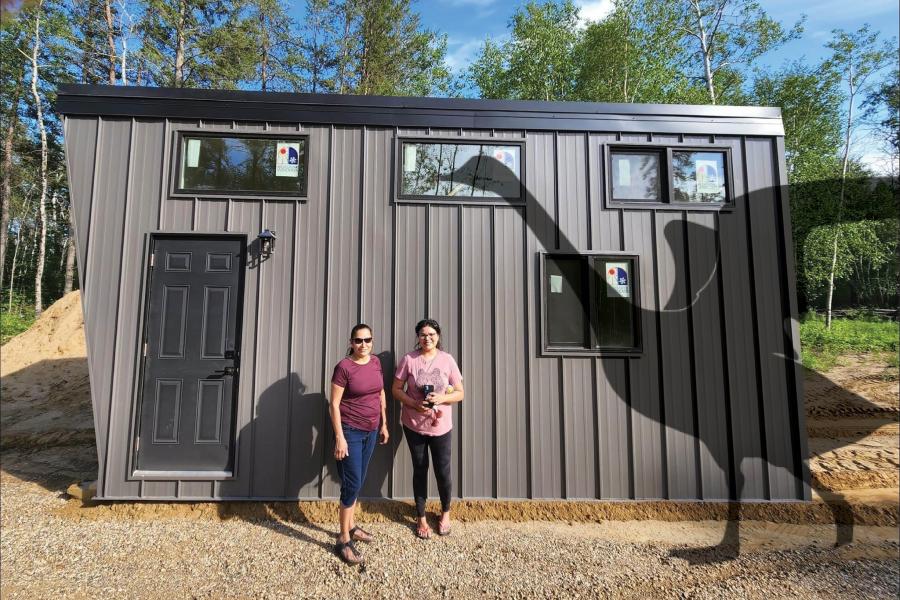 Two people stand in front of a modern gray tiny house, with a large goose shadow cast on the wall. Trees are in the background, creating a playful atmosphere.
