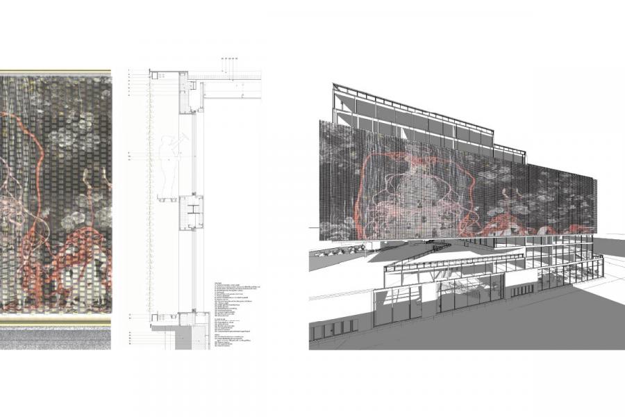 Architectural design image showing a building with a large, textured facade featuring abstract patterns in gray and red. Includes detailed technical drawings.