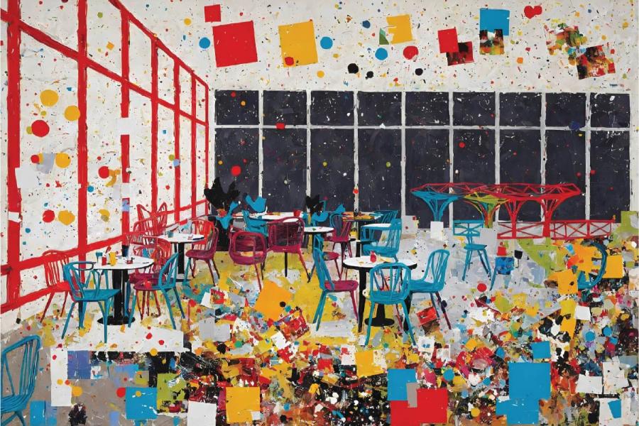 A vibrant abstract painting depicting a colorful café with scattered chairs and tables. Bold red, yellow, and blue shapes, and splatters create dynamic energy.