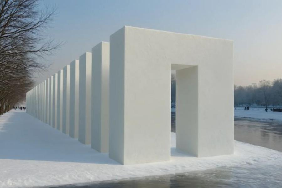 Row of large, white, rectangular snow arches on a snow-covered path, bordered by leafless trees and a frozen pond. The sky is hazy and serene.