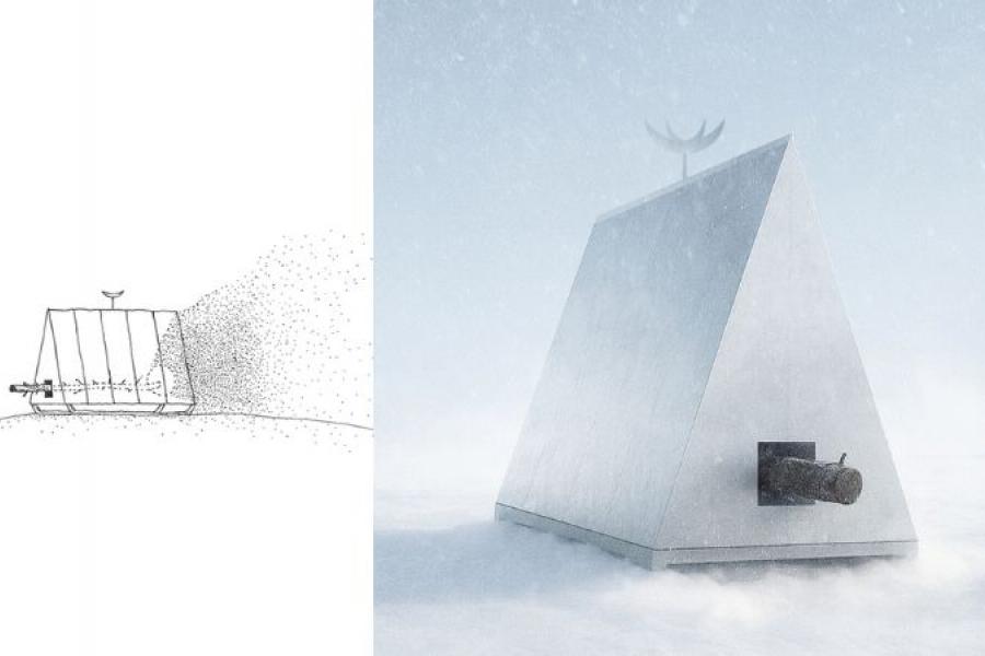 Split image featuring a sketch and a realistic rendering of a futuristic building. Left side: a simple line drawing of a pyramid-shaped structure on a hill. Right side: a realistic metallic pyramid building in a snowy landscape, two figures in the distance. The scene conveys isolation and futuristic design.