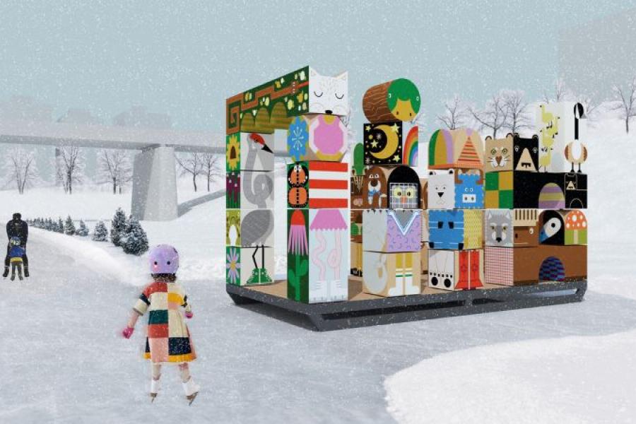 A person in a colorful patchwork coat skates on an icy path beside a whimsical, cube-shaped art installation featuring various animal designs in a snowy park.