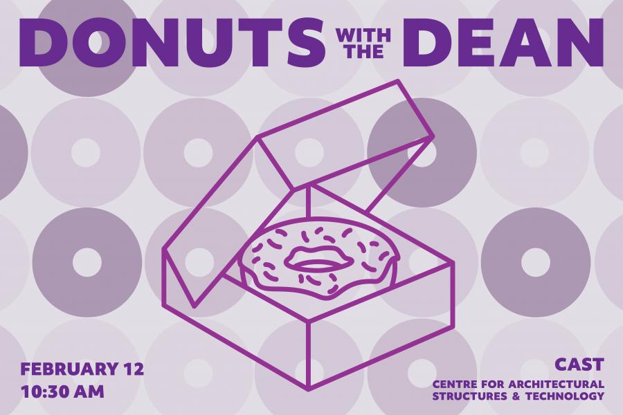 Purple-themed flyer titled "Donuts with the Dean" features an outline of a donut box. Background of stylized donuts.