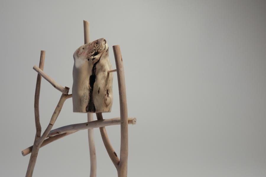 Wooden sculpture of intertwined branches and a log on a light gray background. The natural textures and shapes evoke a sense of balance and harmony.