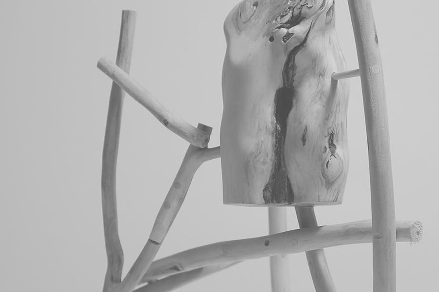 A minimalist black-and-white image of an abstract wooden sculpture. Smooth, intertwined branches create a flowing, organic form. The mood is calm and reflective.